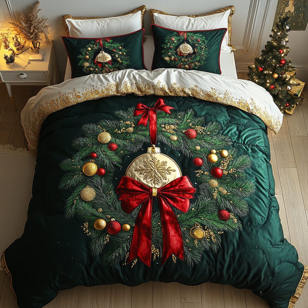 Enchanted Ornament Bliss quilted 3-piece bedding set on a made bed with two matching pillow shams