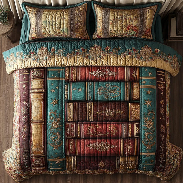 Enchanted Pages quilted 3-piece bedding set on a made bed with two matching pillow shams