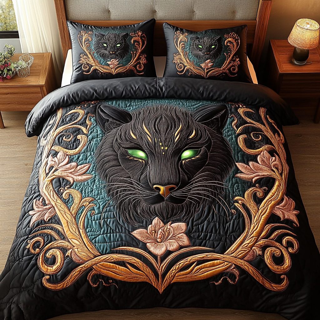 Enchanted Panther Elegance quilted 3-piece bedding set on a made bed with two matching pillow shams
