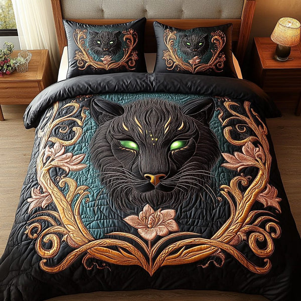 Enchanted Panther Elegance quilted 3-piece bedding set on a made bed with two matching pillow shams