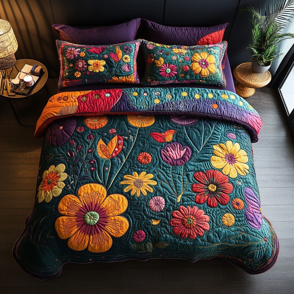 Enchanted Path quilted 3-piece bedding set on a made bed with two matching pillow shams