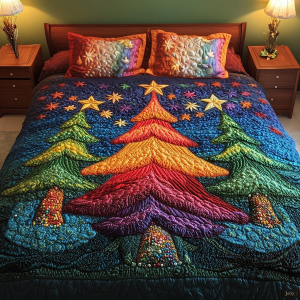 Enchanted Pines quilted 3-piece bedding set on a made bed with two matching pillow shams