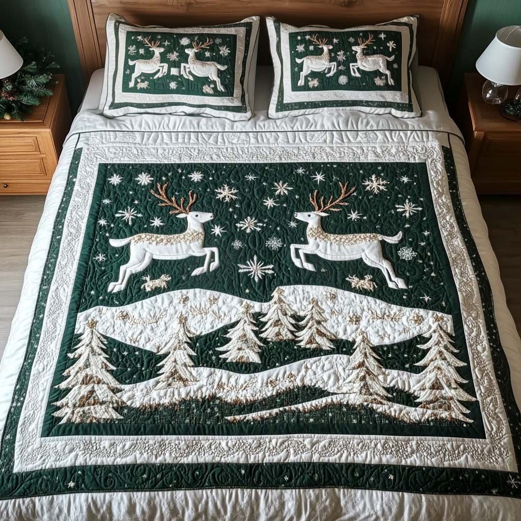 Enchanted Reindeer quilted 3-piece bedding set on a made bed in a winter-styled bedroom