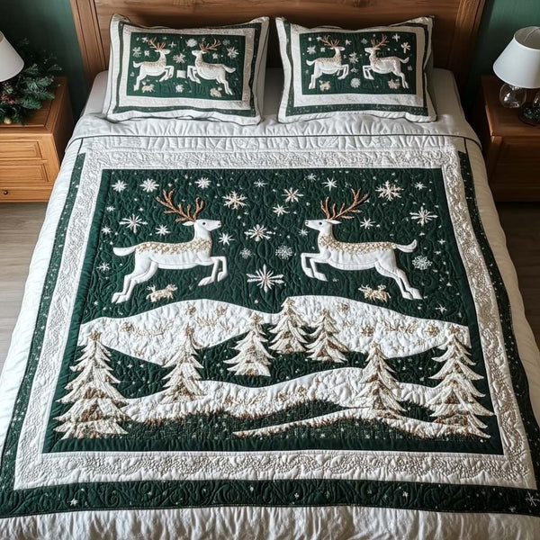 Enchanted Reindeer quilted 3-piece bedding set on a made bed in a winter-styled bedroom