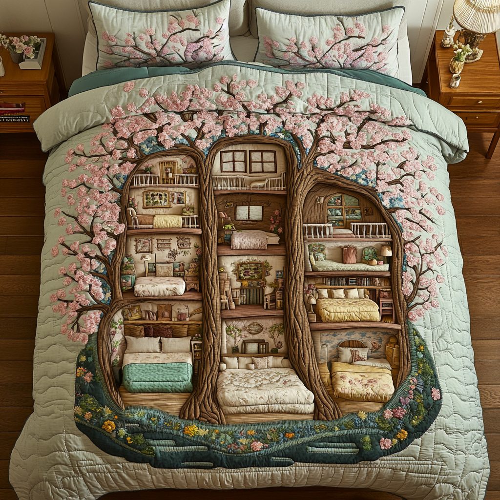 Enchanted Rest quilted 3-piece bedding set on a made bed with two matching pillow shams
