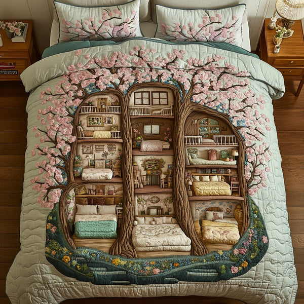 Enchanted Rest quilted 3-piece bedding set on a made bed with two matching pillow shams