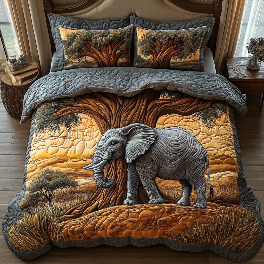 Enchanted Safari quilted 3-piece bedding set on a made bed with two matching pillow shams