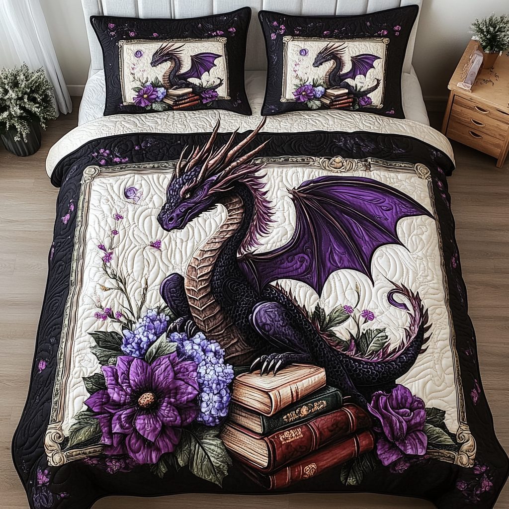 Enchanted Scrolls quilted 3-piece bedding set on a made bed with two matching pillow shams