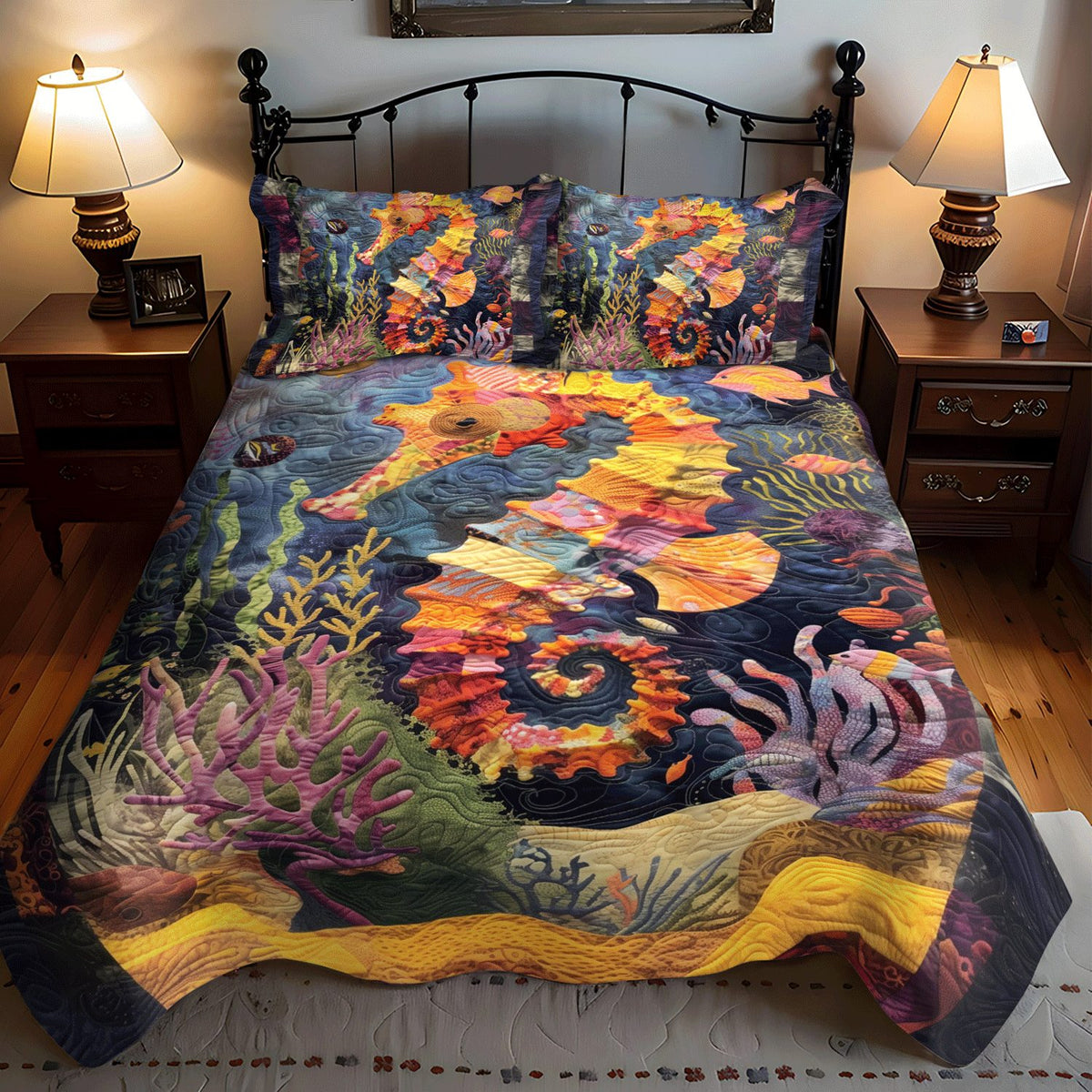 Enchanted Seahorse quilted 3-piece bedding set on a made bed in a light coastal bedroom