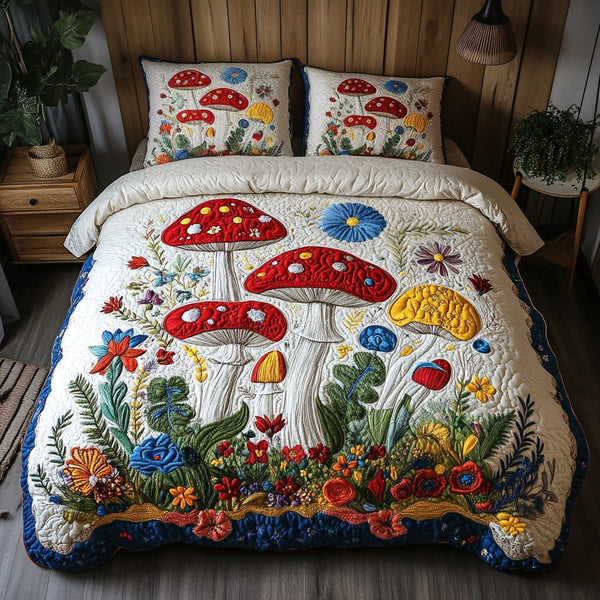 Enchanted Shrooms quilted 3-piece bedding set on a made bed with two matching pillow shams