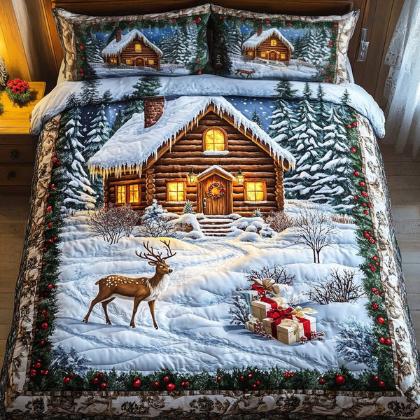 Enchanted Snowfall quilted 3-piece bedding set on a made bed with two matching pillow shams