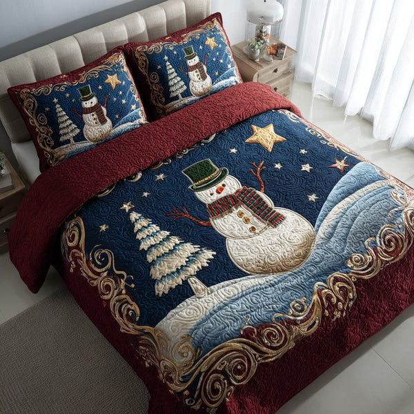 Enchanted Snowman Night quilted 3-piece bedding set on a made bed in a winter-styled bedroom