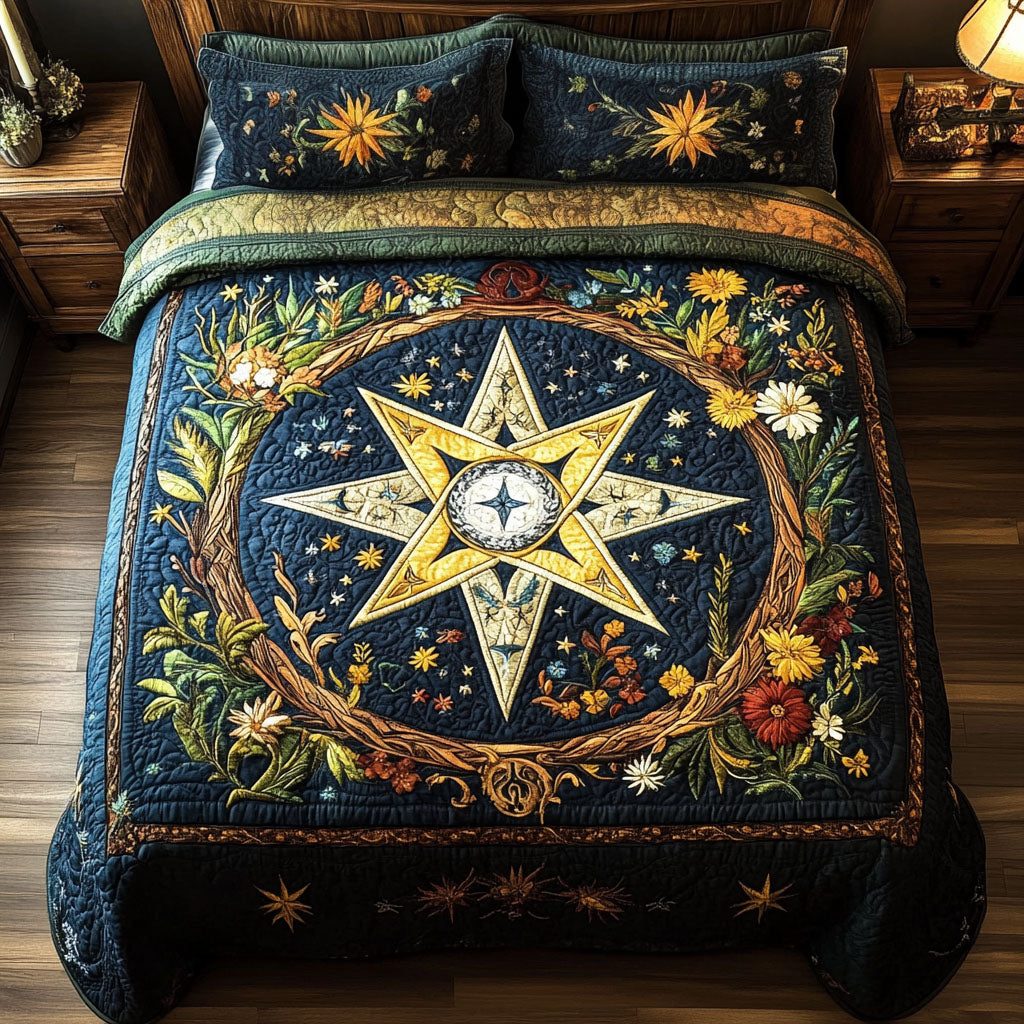 Enchanted Starry Bliss quilted 3-piece bedding set on a made bed with two matching pillow shams