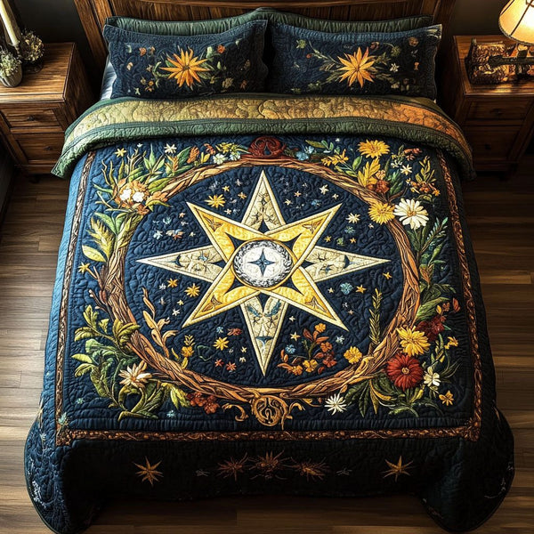 Enchanted Starry Bliss quilted 3-piece bedding set on a made bed with two matching pillow shams