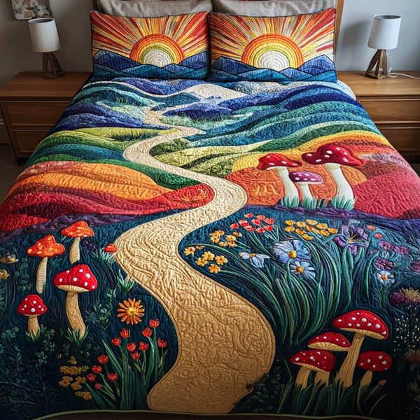 Enchanted Sun quilted 3-piece bedding set on a made bed with two matching pillow shams