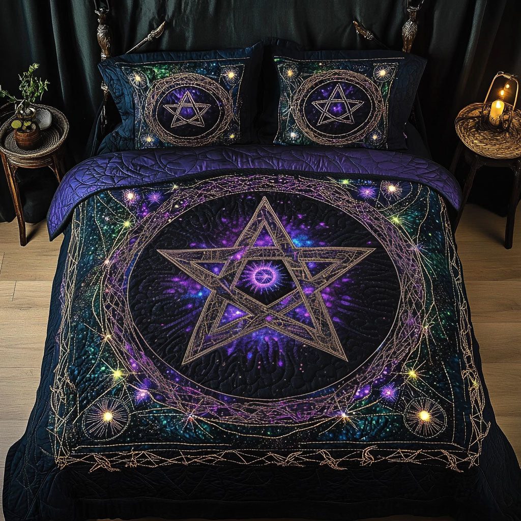 Enchanted Symbol quilted 3-piece bedding set on a made bed with two matching pillow shams