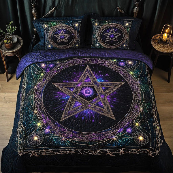 Enchanted Symbol quilted 3-piece bedding set on a made bed with two matching pillow shams
