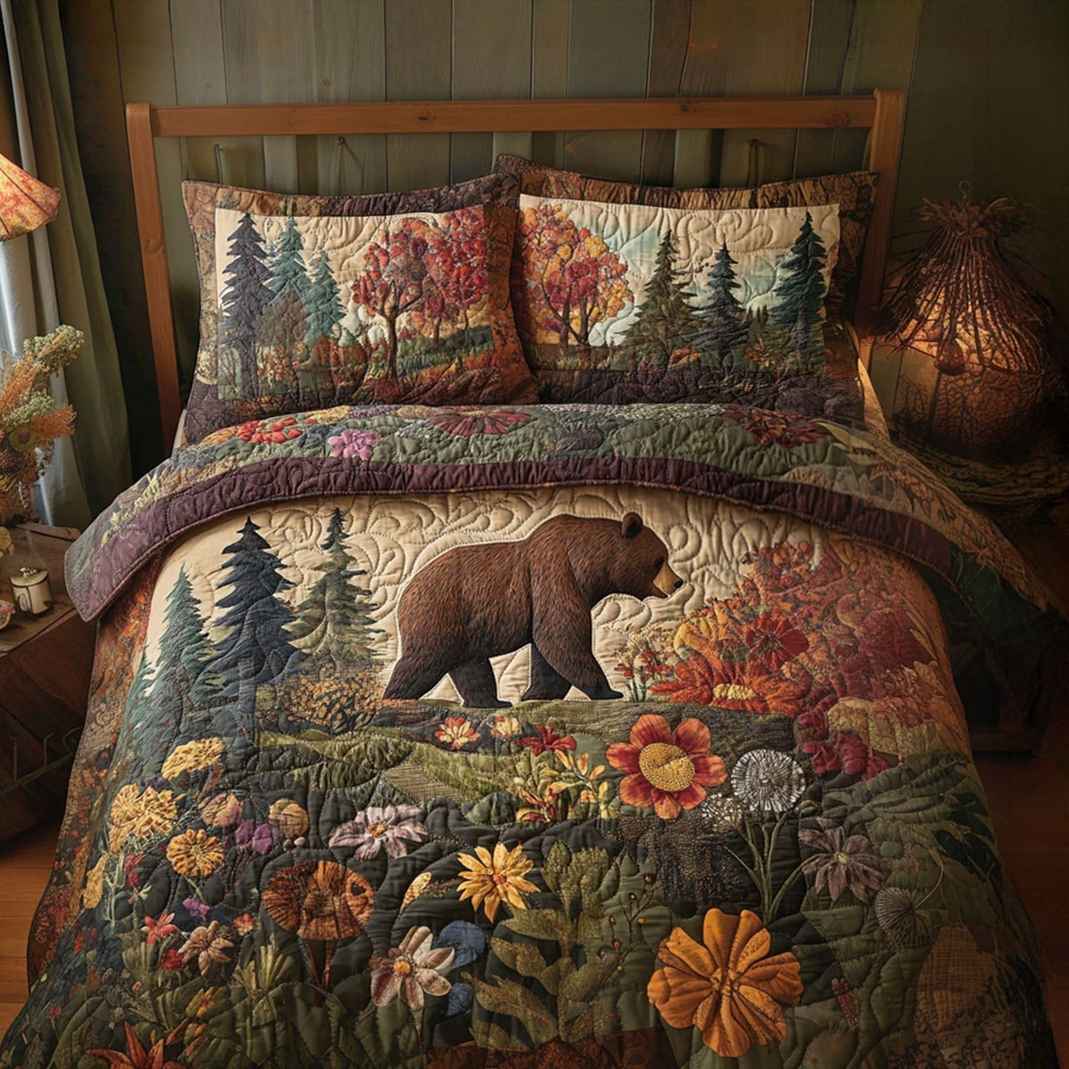 Enchanted Timber quilted 3-piece bedding set on a made bed with two matching pillow shams