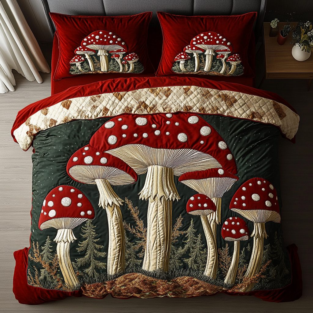 Enchanted Toadstool quilted 3-piece bedding set on a made bed with two matching pillow shams