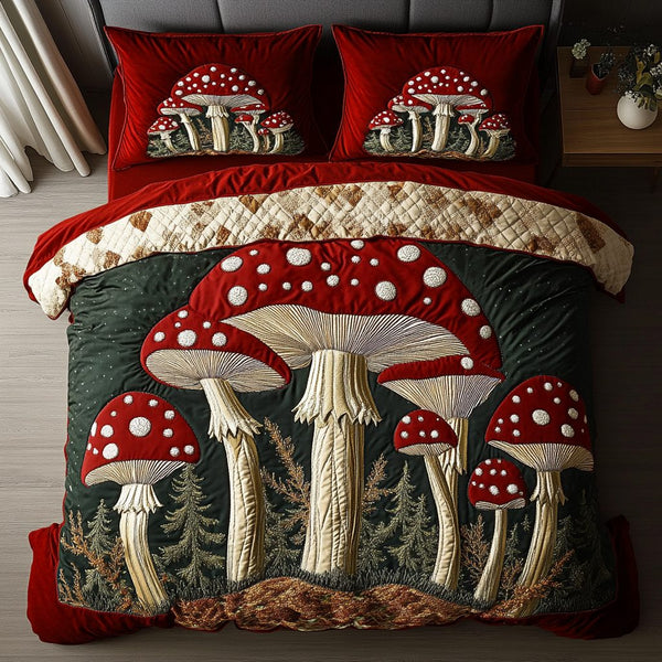 Enchanted Toadstool quilted 3-piece bedding set on a made bed with two matching pillow shams