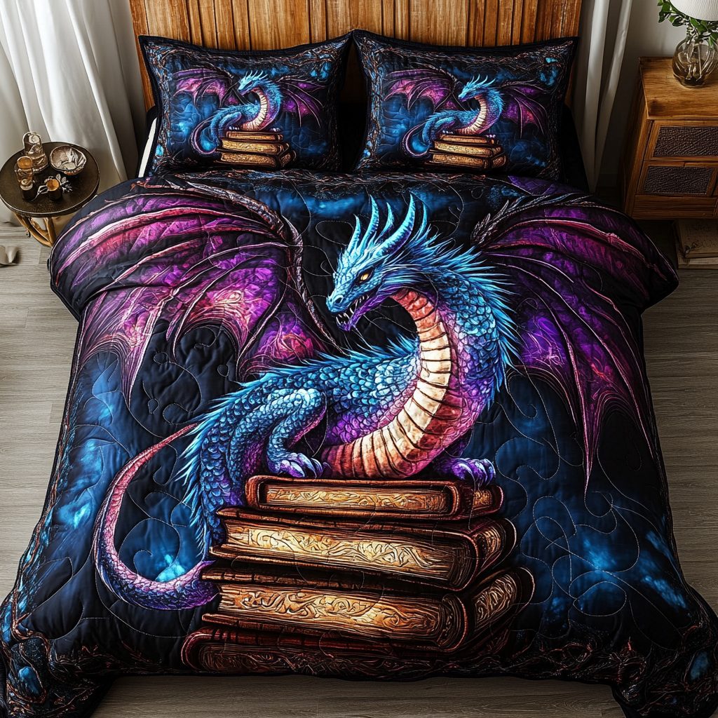 Enchanted Tome Watcher quilted 3-piece bedding set on a made bed with two matching pillow shams