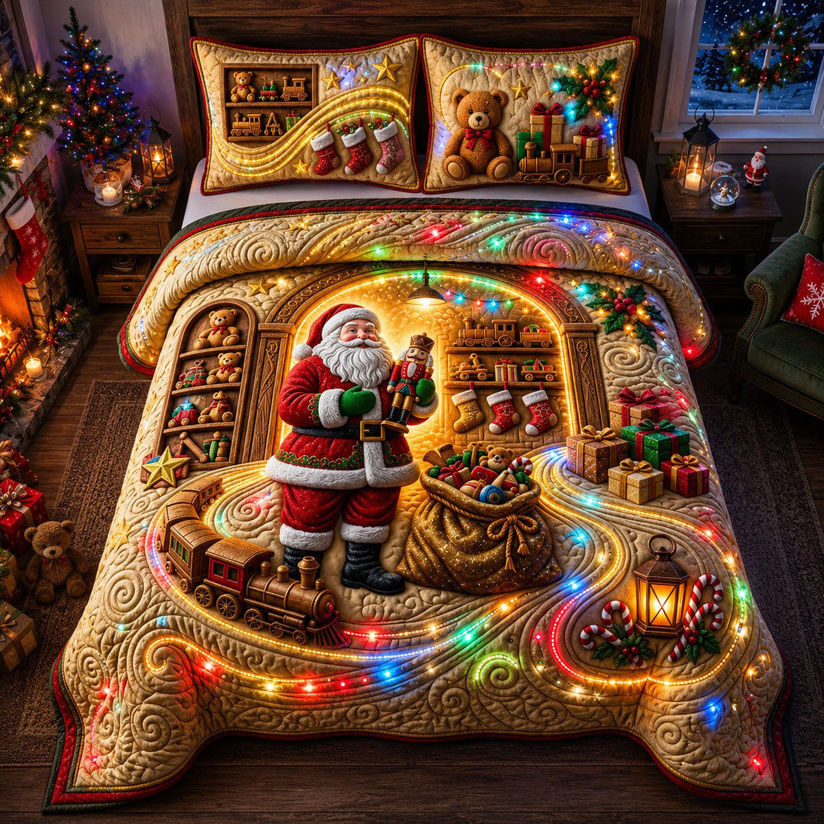 Enchanted Toy Workshop quilted 3-piece bedding set on a made bed with two matching pillow shams