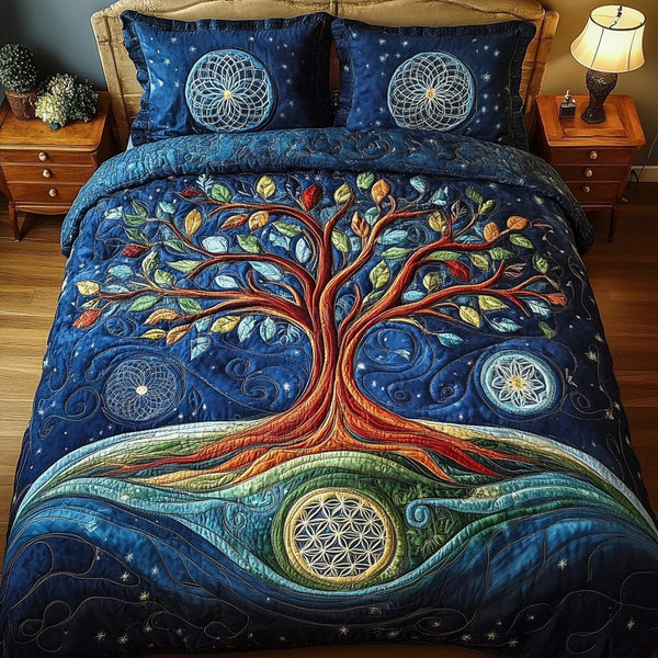 Enchanted Tree Of Light quilted 3-piece bedding set on a made bed with two matching pillow shams