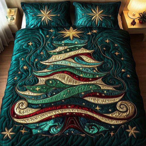 Enchanted Tree quilted 3-piece bedding set on a made bed with two matching pillow shams