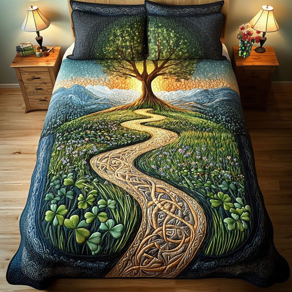 Enchanted Tree Symphony quilted 3-piece bedding set on a made bed with two matching pillow shams