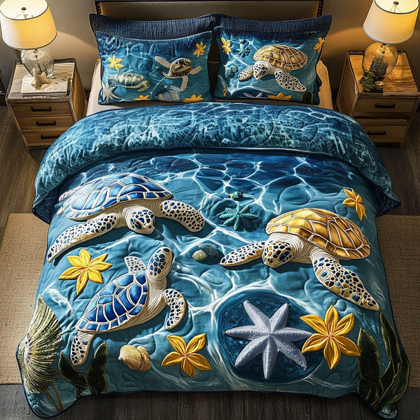 Enchanted Turtle Garden quilted 3-piece bedding set on a made bed in a light coastal bedroom