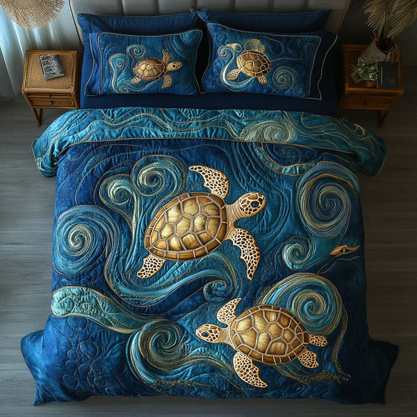Enchanted Turtle Garden quilted 3-piece bedding set on a made bed in a light coastal bedroom