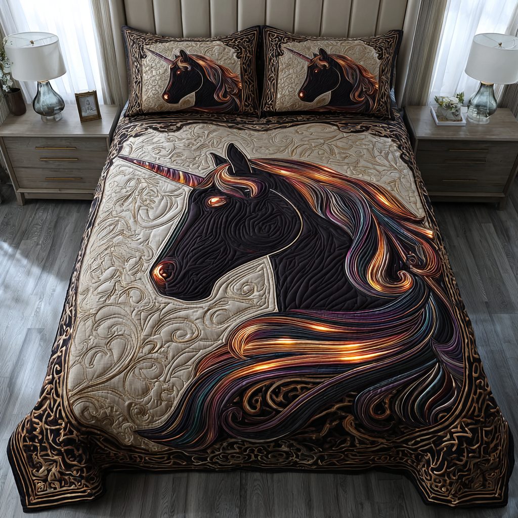 Enchanted Unicorn quilted 3-piece bedding set on a made bed with two matching pillow shams