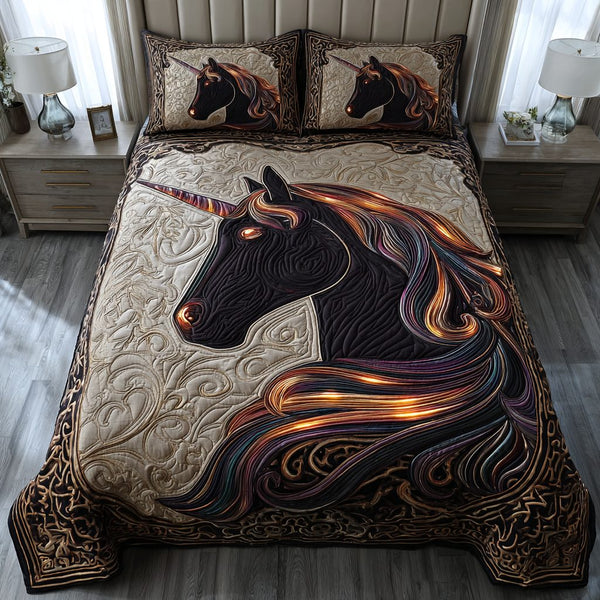 Enchanted Unicorn quilted 3-piece bedding set on a made bed with two matching pillow shams