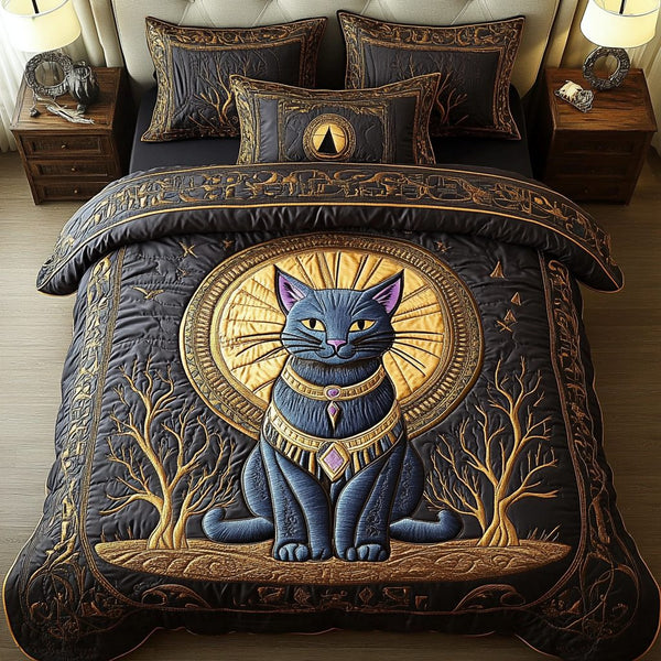 Enchanted Whiskers quilted 3-piece bedding set on a made bed with two matching pillow shams