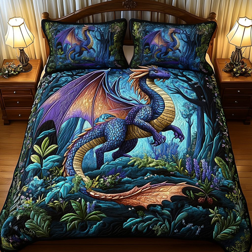 Enchanted Wings quilted 3-piece bedding set on a made bed with two matching pillow shams