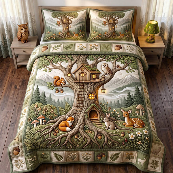 Enchanted Woodland quilted 3-piece bedding set on a made bed with two matching pillow shams