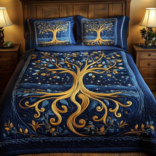 Enchanted Woodland quilted 3-piece bedding set on a made bed with two matching pillow shams