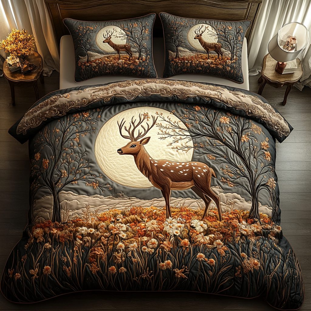 Enchanted Woods quilted 3-piece bedding set on a made bed with two matching pillow shams