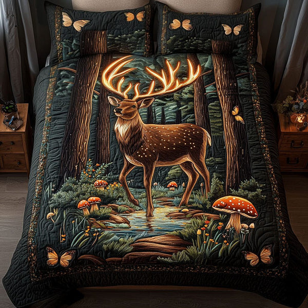 Enchanted Woods quilted 3-piece bedding set on a made bed with two matching pillow shams