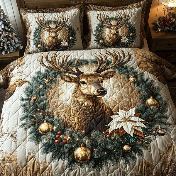 Enchanted Yuletide Deer quilted 3-piece bedding set on a made bed with two matching pillow shams