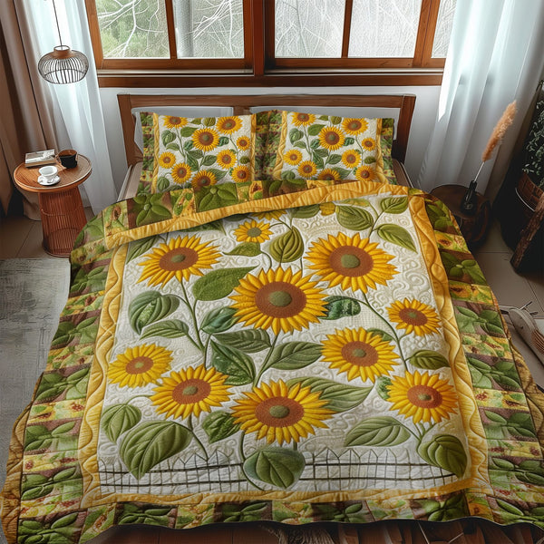 Enchanting Sunflowers quilted 3-piece bedding set on a made bed with two matching pillow shams