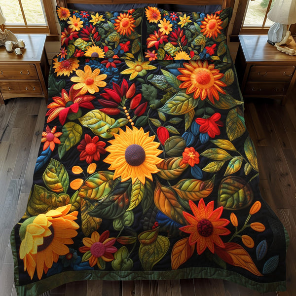 Enchanting Sunflowers quilted 3-piece bedding set on a made bed with two matching pillow shams