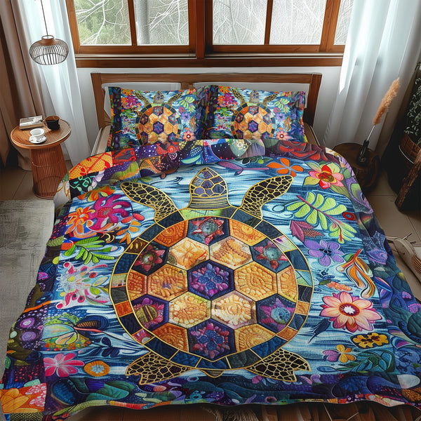 Enchanting Turtles quilted 3-piece bedding set on a made bed in a light coastal bedroom