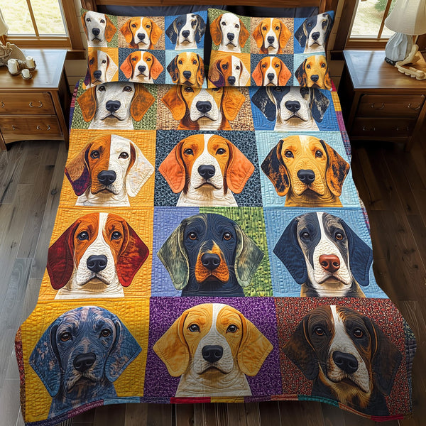 Endearing Beagles quilted 3-piece bedding set on a made bed with two matching pillow shams