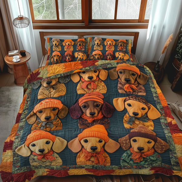 Endearing Dachshunds quilted 3-piece bedding set on a made bed with two matching pillow shams