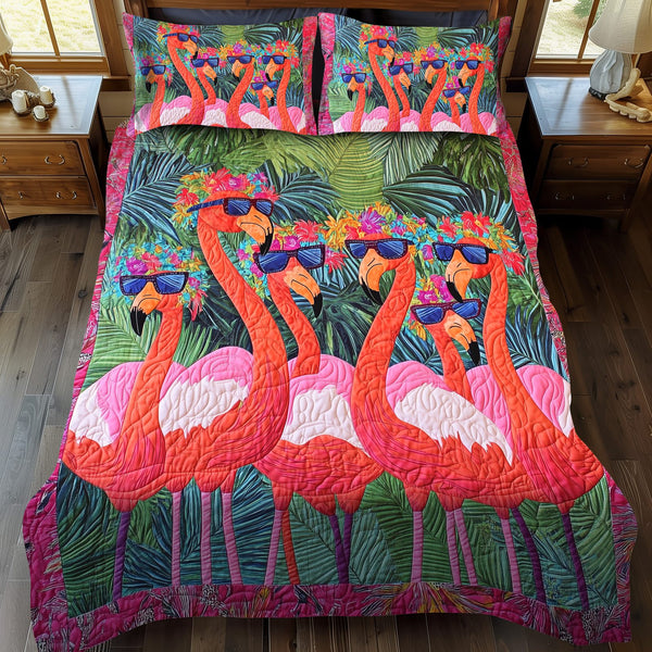 Endearing Flamingo quilted 3-piece bedding set on a made bed with two matching pillow shams