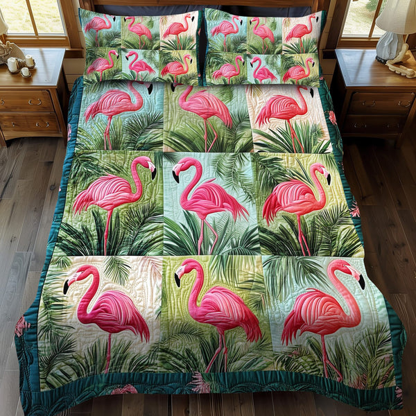 Endearing Flamingo quilted 3-piece bedding set on a made bed with two matching pillow shams