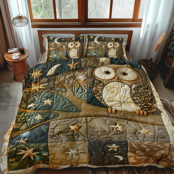 Endearing Owl quilted 3-piece bedding set on a made bed with two matching pillow shams