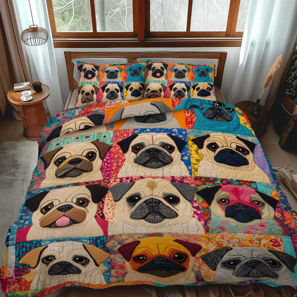 Endearing Pugs quilted 3-piece bedding set on a made bed with two matching pillow shams