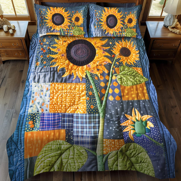 Endearing Sunflowers quilted 3-piece bedding set on a made bed with two matching pillow shams